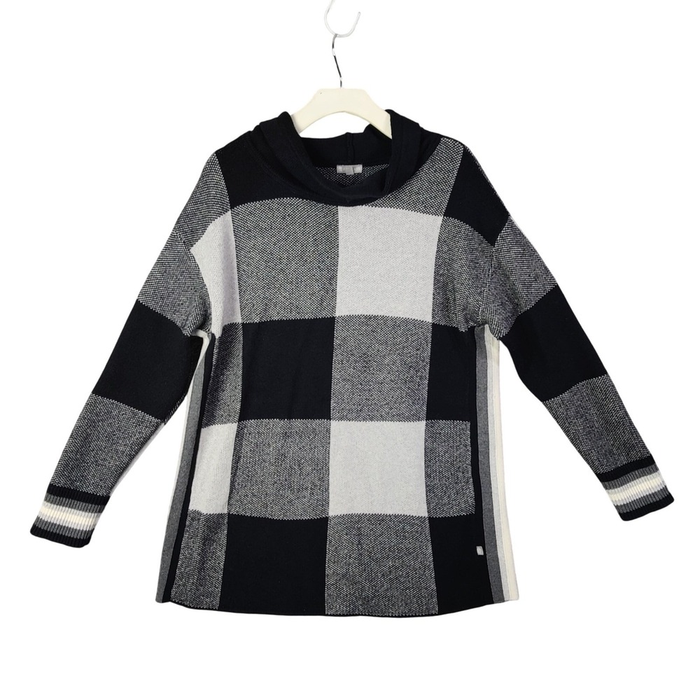 Talbots Womens Preppy Classic Plaid Sweater L Black Gray Cowl Neck Pullover
